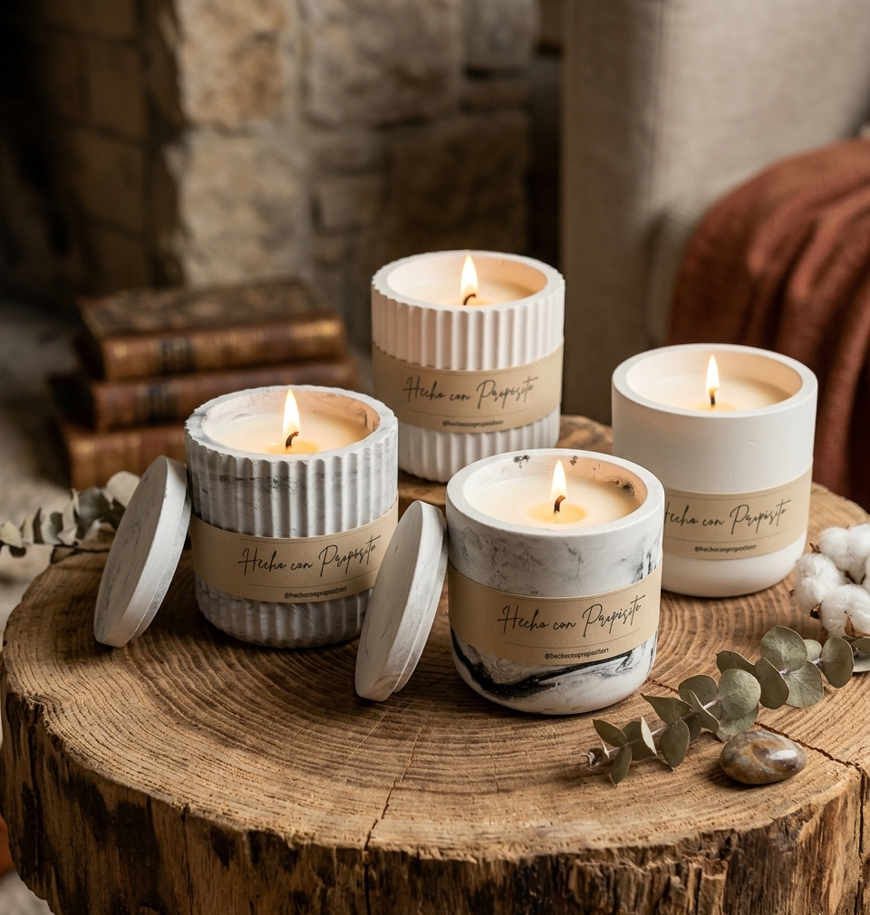 Velas aromáticas en envase de yeso con tapa